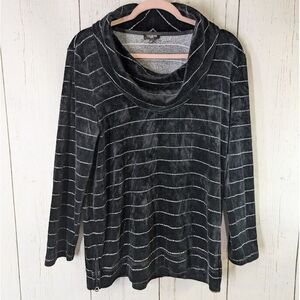Talbots Petite Size Large Black Gray Stripe Velvet Cowl Neck Long Sleeve Sweater